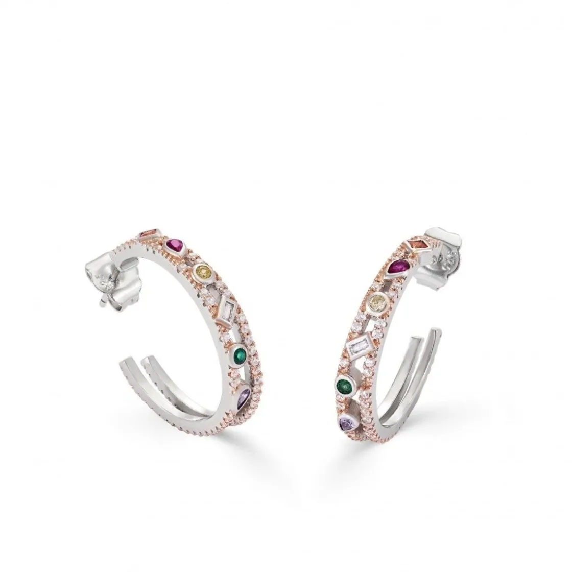 Pendientes De Piedras De Colores | LINEARGENT Pendientes aros con piedras diseño de doble raíl