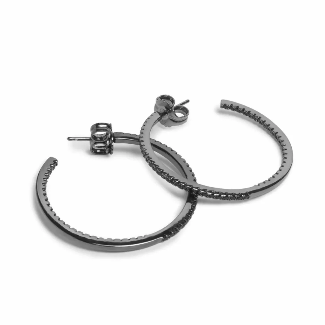 Pendientes Aro | LINEARGENT Pendientes aros grandes doble raíl de circonitas negras diseño cuadrado y baño de rutenio