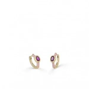 Pendientes Pequeños | Pendientes Aro | LINEARGENT Pendientes aros pequeños diseño cuarzo adamantino central y esmalte rosa