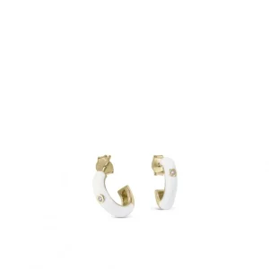 Pendientes Pequeños | Pendientes Aro | LINEARGENT Pendientes aros pequeños diseño esmalte tono blanco y circonita central
