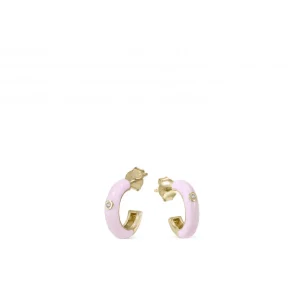 Pendientes Pequeños | Pendientes Aro | LINEARGENT Pendientes aros pequeños diseño esmalte tono rosa y circonita central