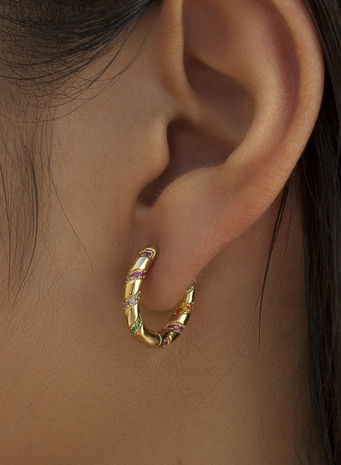 Pendientes Aro | LINEARGENT Pendientes aros pequeños diseño espiral con circonitas multicolores
