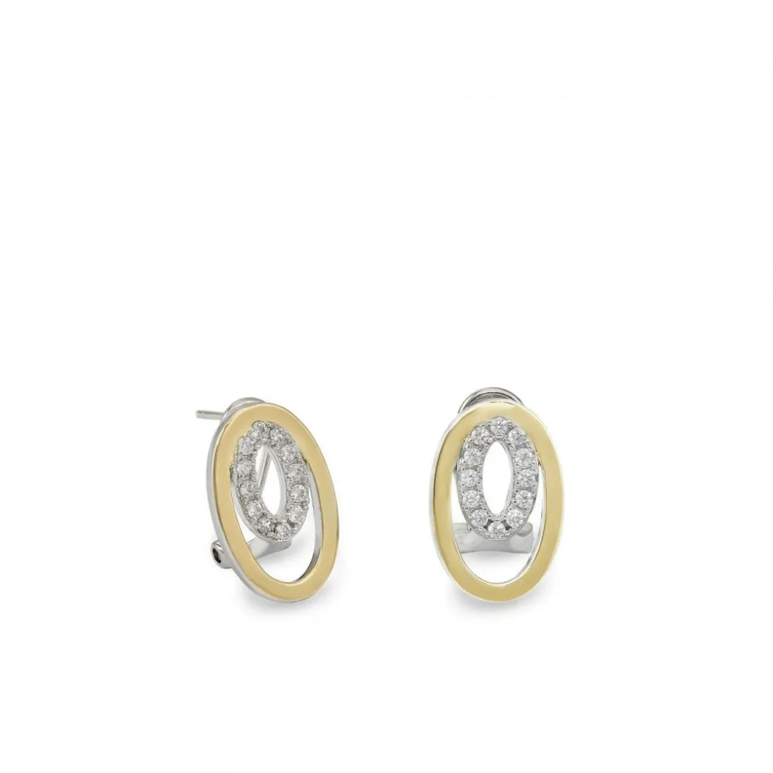 Pendientes Bicolor | Pendientes Cierre Omega | LINEARGENT Pendientes bicolor diseño doble círculo con circonitas
