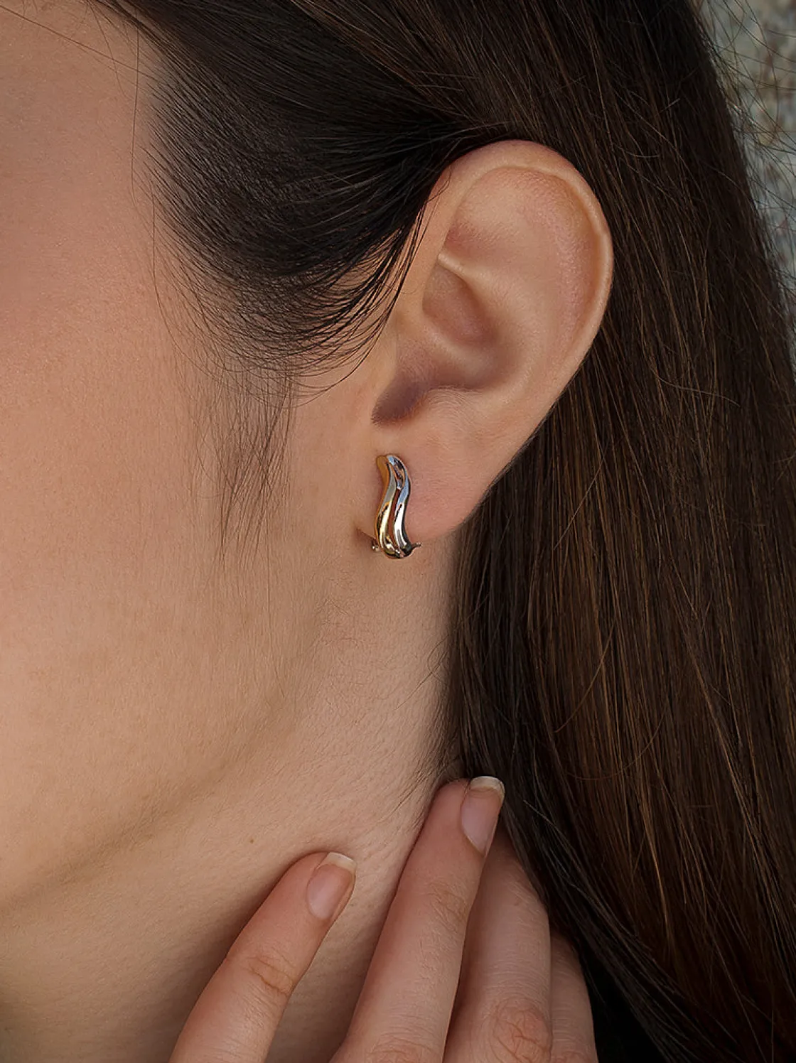 Pendientes Bicolor | Pendientes Cierre Omega | LINEARGENT Pendientes bicolor diseño dos carriles en forma de onda
