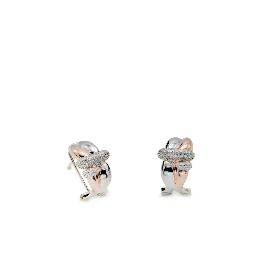 Pendientes Bicolor | Pendientes Cierre Omega | LINEARGENT Pendientes bicolor diseño irregular abrazados por un carril de circonitas