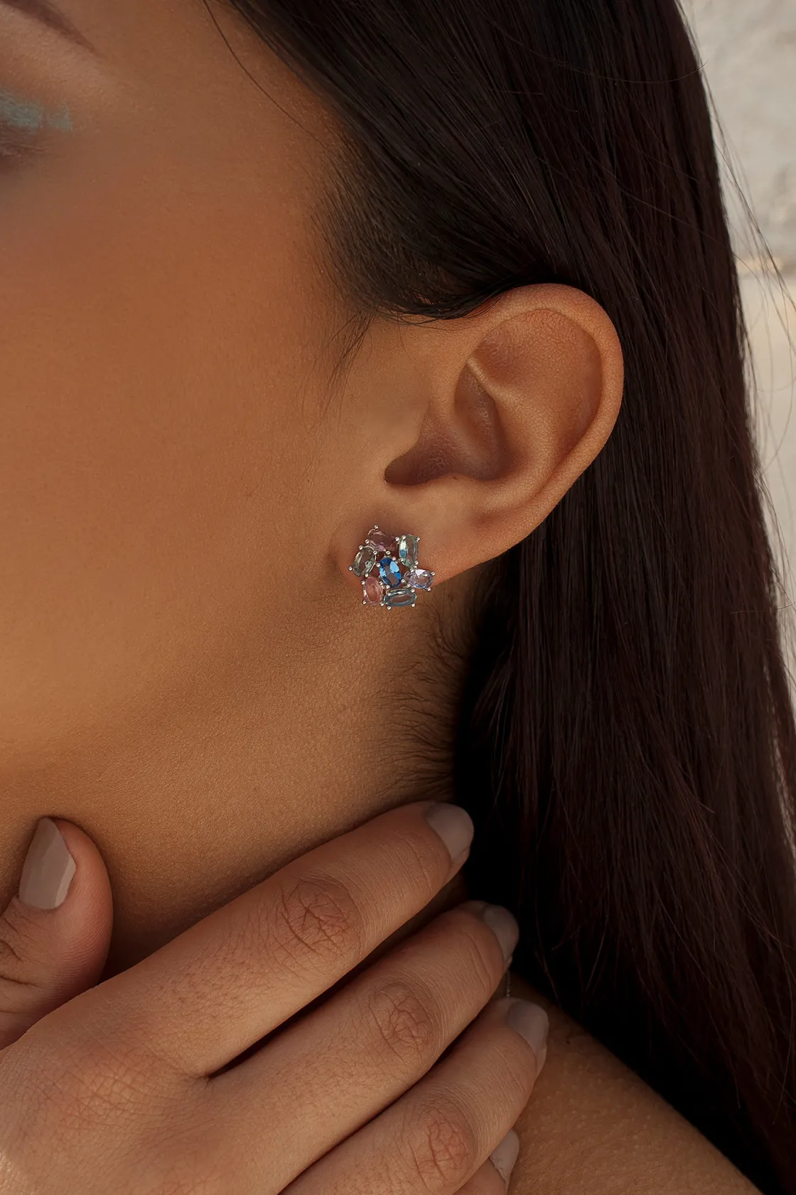 Pendientes De Piedras De Colores | LINEARGENT Pendientes botón diseño de cuarzos adamantinos azules