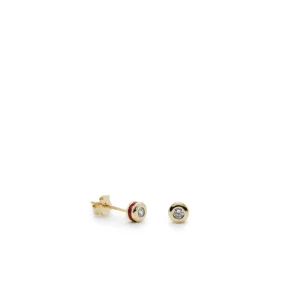 Segundo Pendiente | Pendientes Pequeños | LINEARGENT Pendientes botón diseño esmalte rojo combinado con plata y circonita