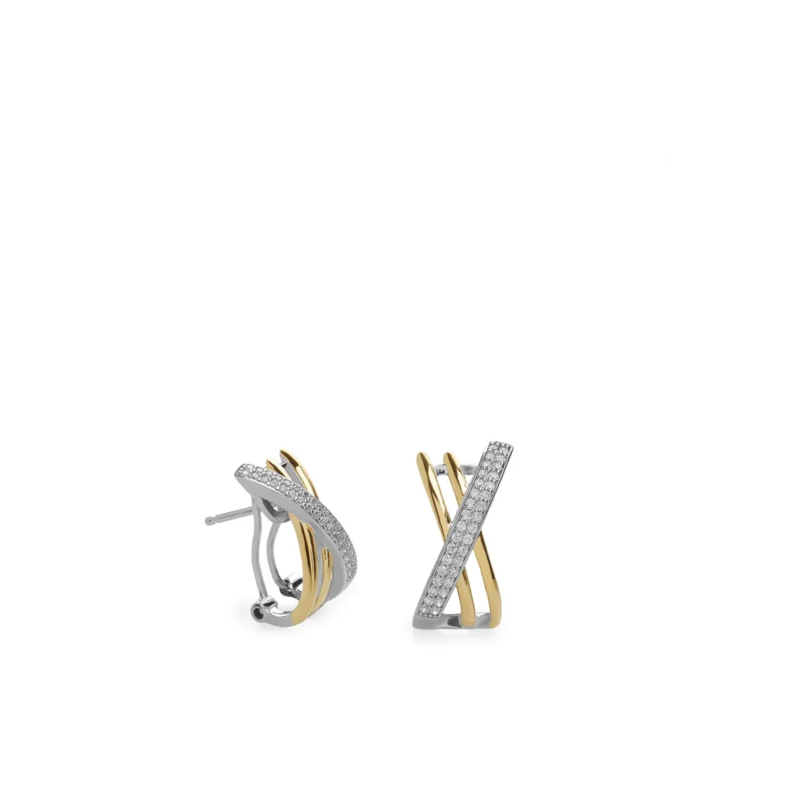 Pendientes Bicolor | Pendientes Cierre Omega | LINEARGENT Pendientes cierre omega bicolores con raíles cruzados