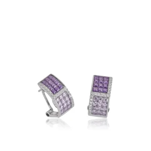 Pendientes De Piedras De Colores | Pendientes Cierre Omega | LINEARGENT Pendientes cierre omega triple raíl tonos violetas