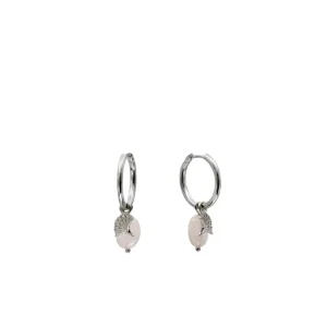 Pendientes Aro | LINEARGENT Pendientes con colgantes de plata charm de flor abierta y cuarzo rosa
