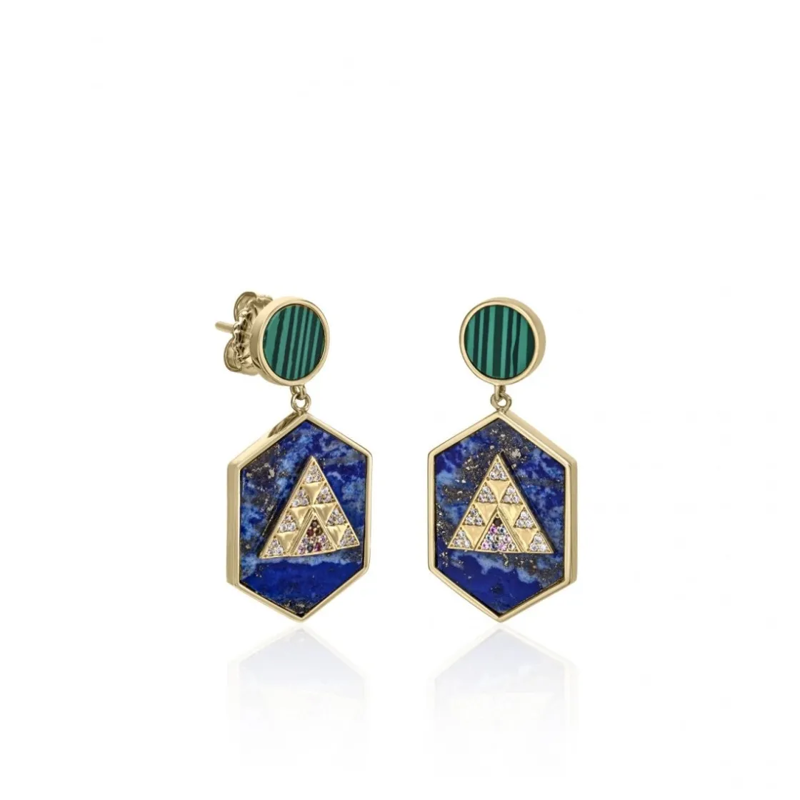 Pendientes De Piedras De Colores | LINEARGENT Pendientes con colgantes en plata formados por lapislazuli malaquita y circonita