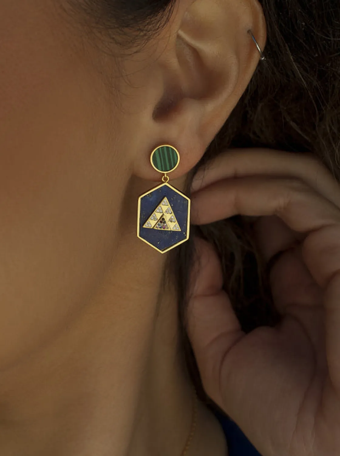 Pendientes De Piedras De Colores | LINEARGENT Pendientes con colgantes en plata formados por lapislazuli malaquita y circonita