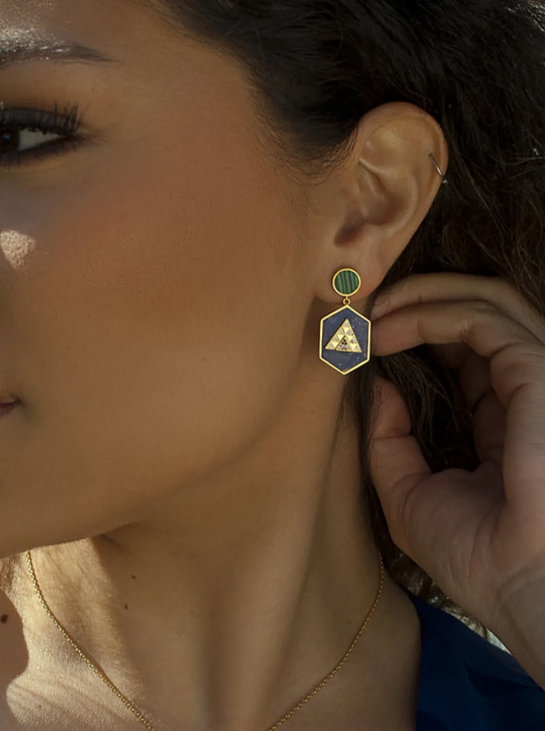 Pendientes De Piedras De Colores | LINEARGENT Pendientes con colgantes en plata formados por lapislazuli malaquita y circonita