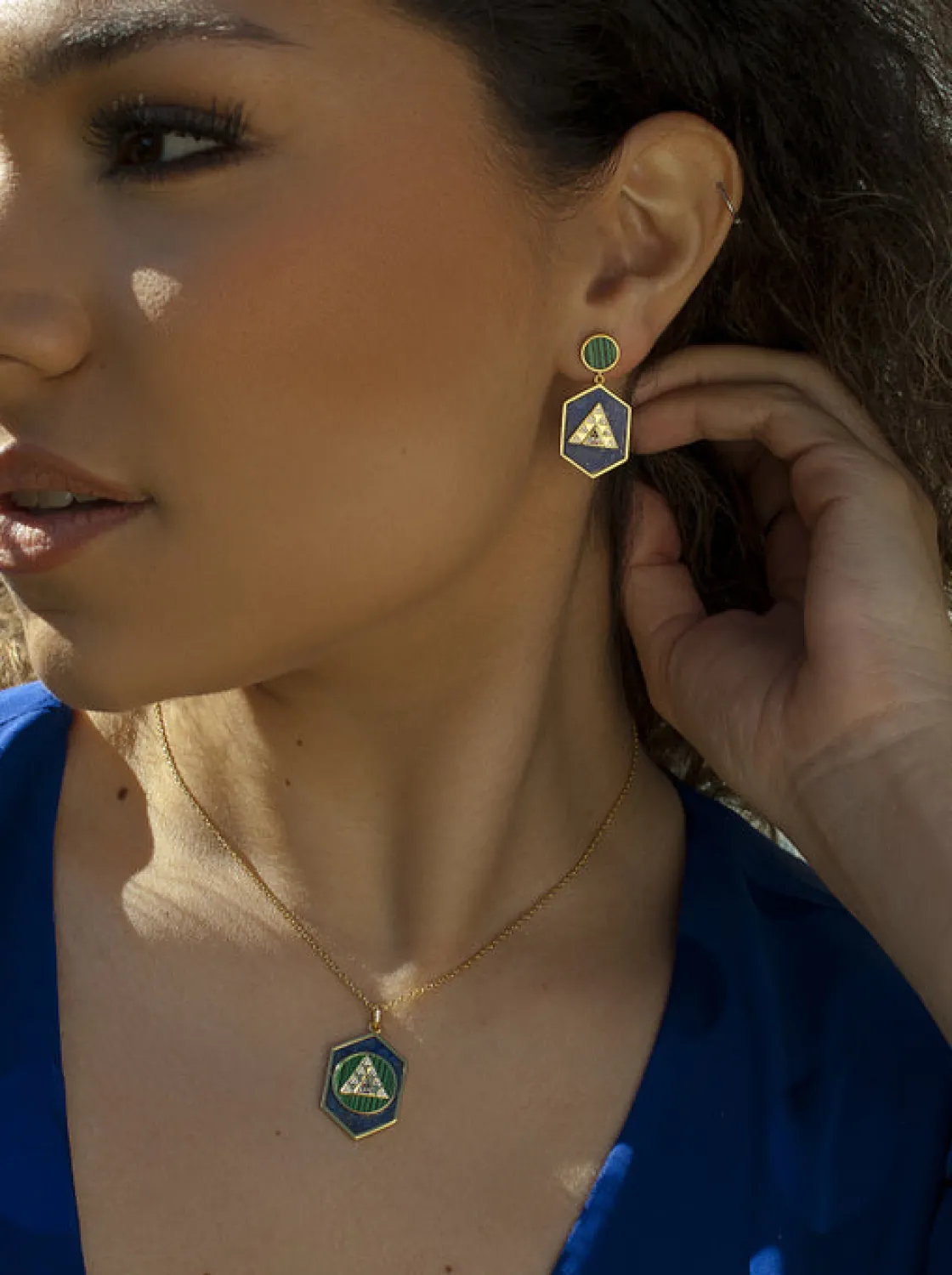 Pendientes De Piedras De Colores | LINEARGENT Pendientes con colgantes en plata formados por lapislazuli malaquita y circonita