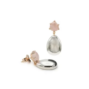 Pendientes Largos | LINEARGENT Pendientes de piedra natural diseño de plata lisa y cuarzo rosa