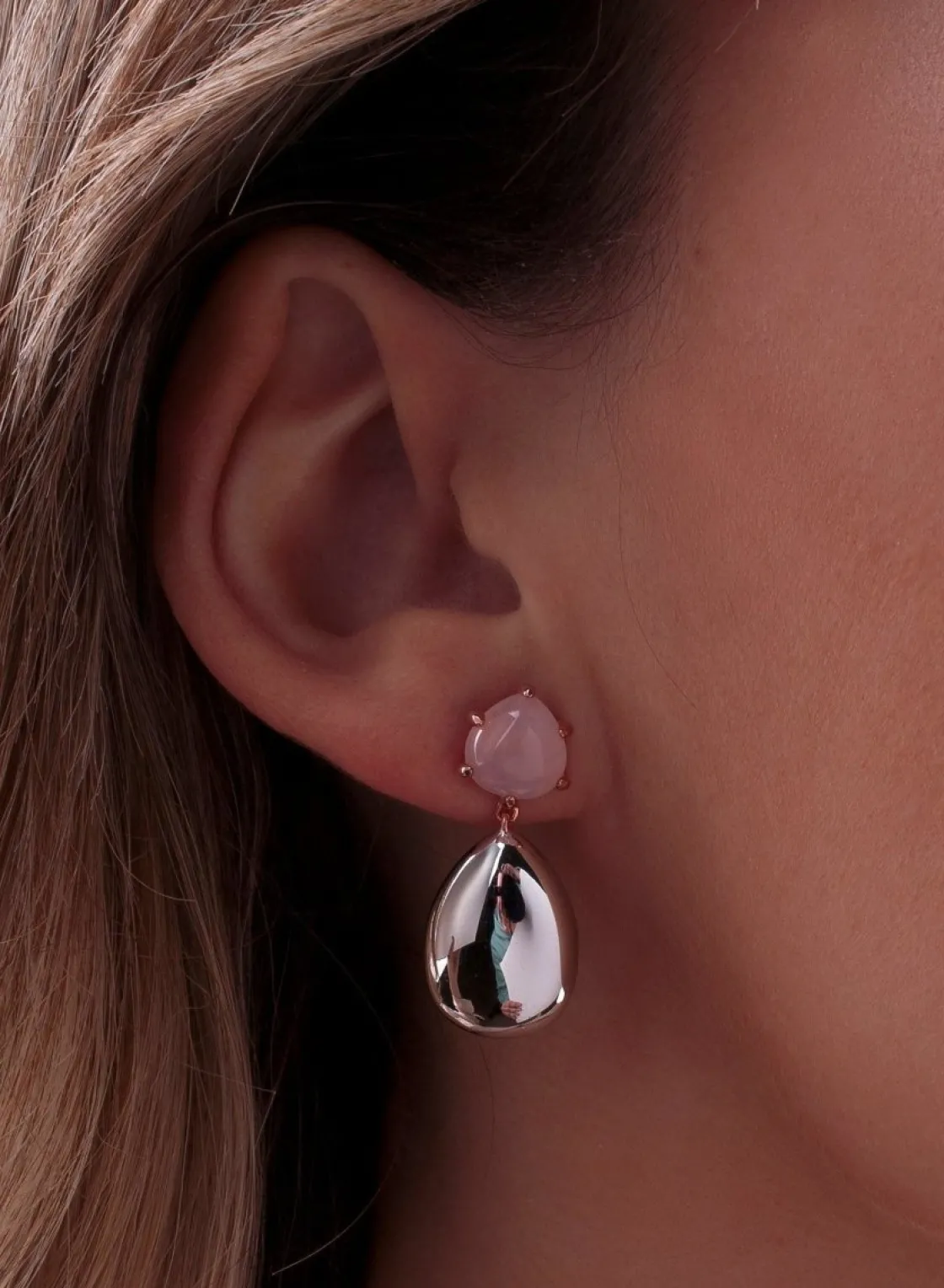 Pendientes Largos | LINEARGENT Pendientes de piedra natural diseño de plata lisa y cuarzo rosa