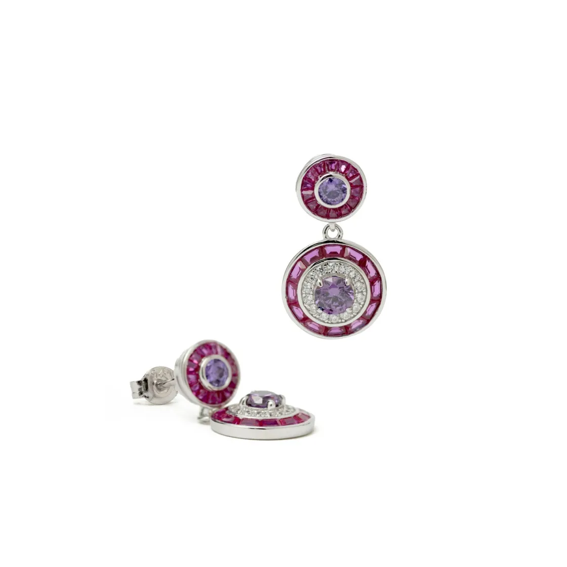Pendientes De Piedras De Colores | LINEARGENT Pendientes de piedras de colores circulares tono fucsia