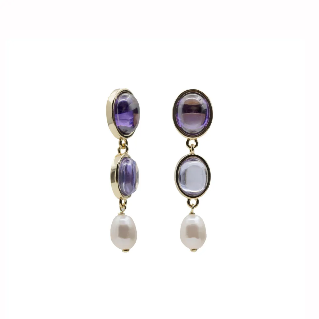 Pendientes Largos | Pendientes De Piedras De Colores | LINEARGENT Pendientes de piedras de colores tono amatista y perla