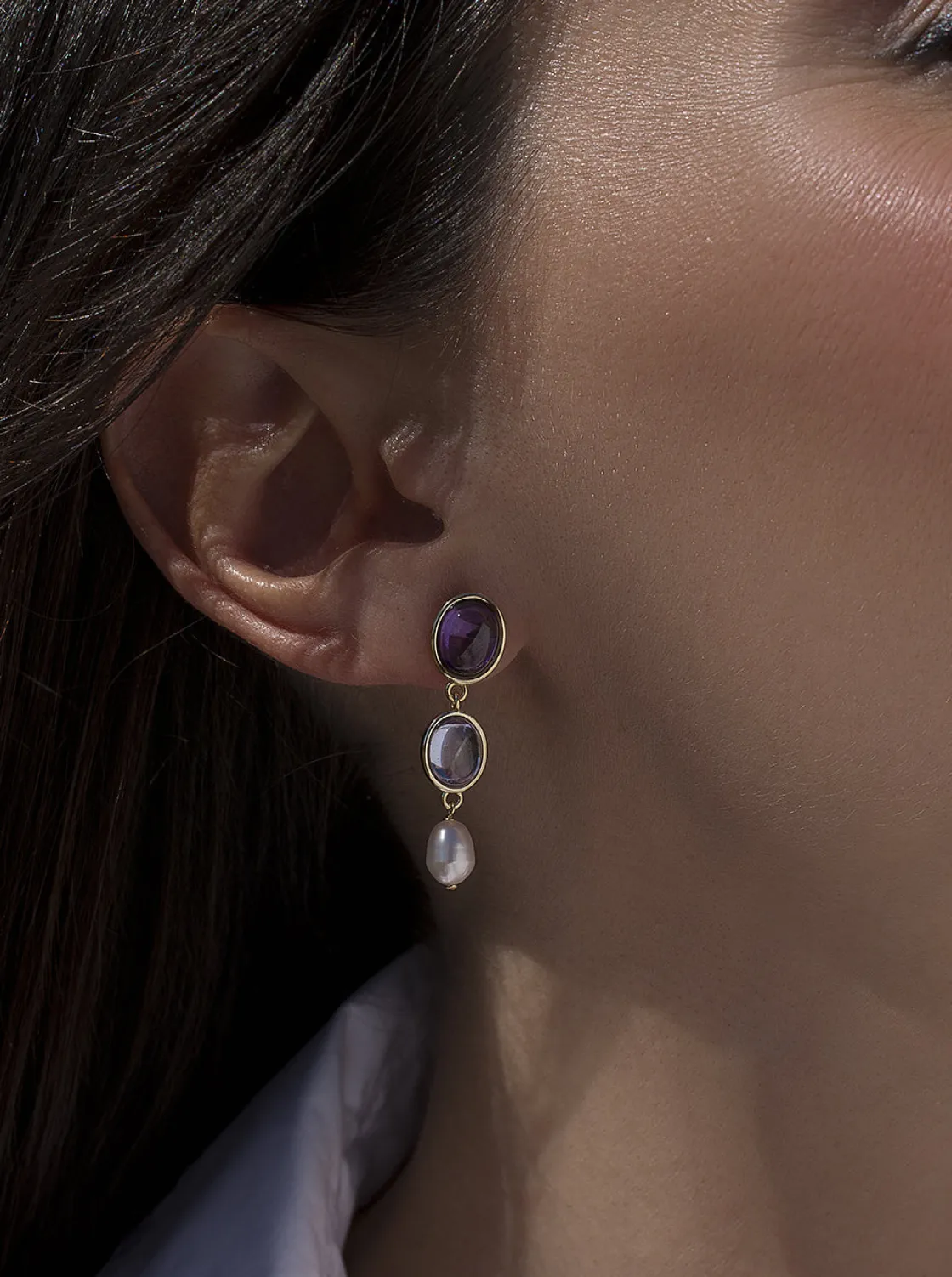 Pendientes Largos | Pendientes De Piedras De Colores | LINEARGENT Pendientes de piedras de colores tono amatista y perla