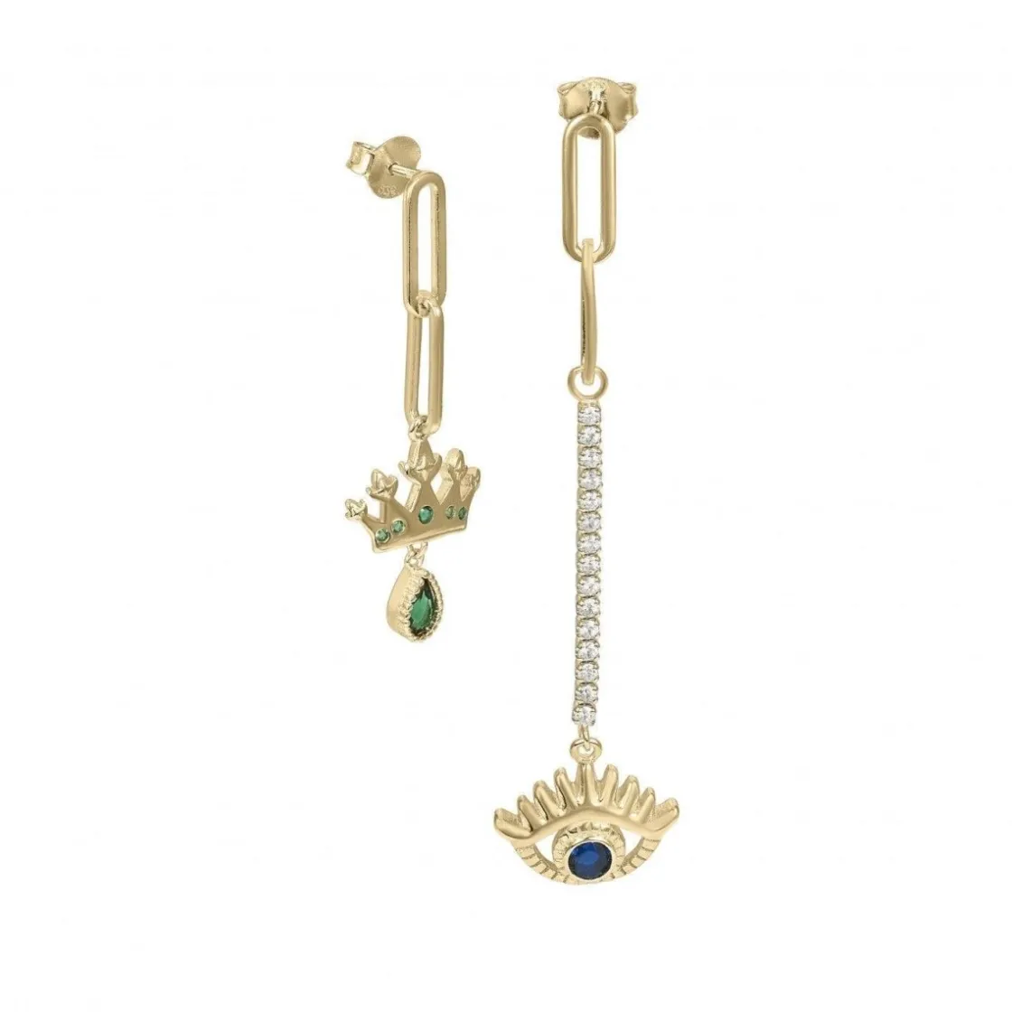 Pendientes Largos | LINEARGENT Pendientes largos con charm de ojo y corona