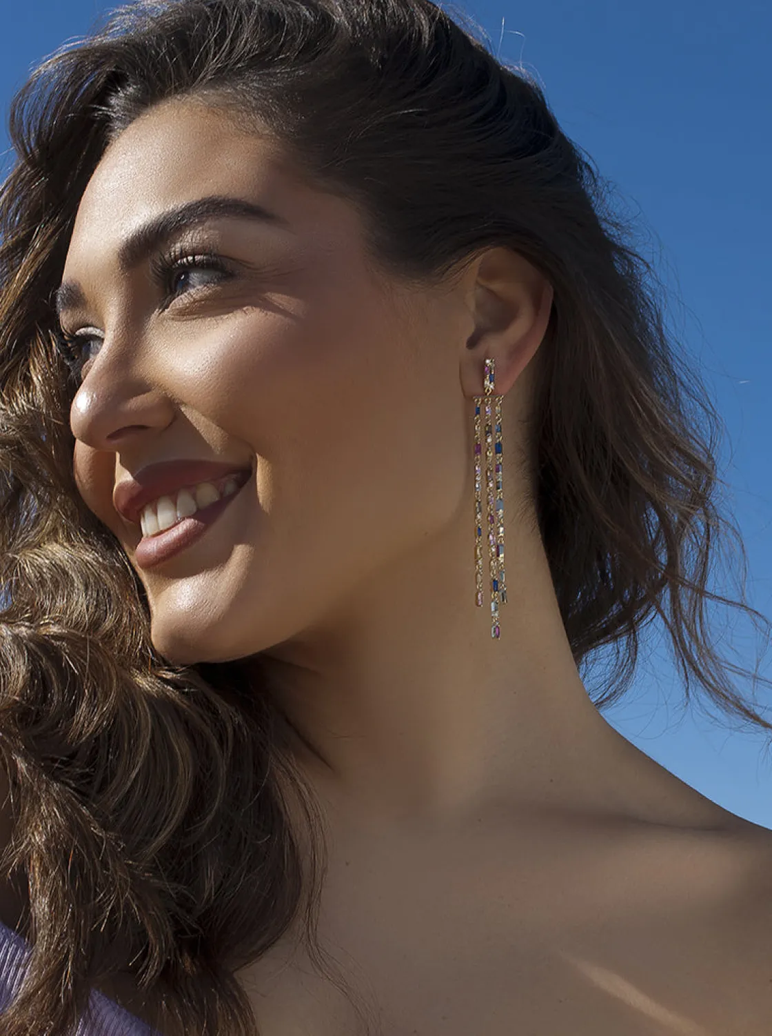 Pendientes Largos | LINEARGENT Pendientes largos con gemas multicolor estilo cortina