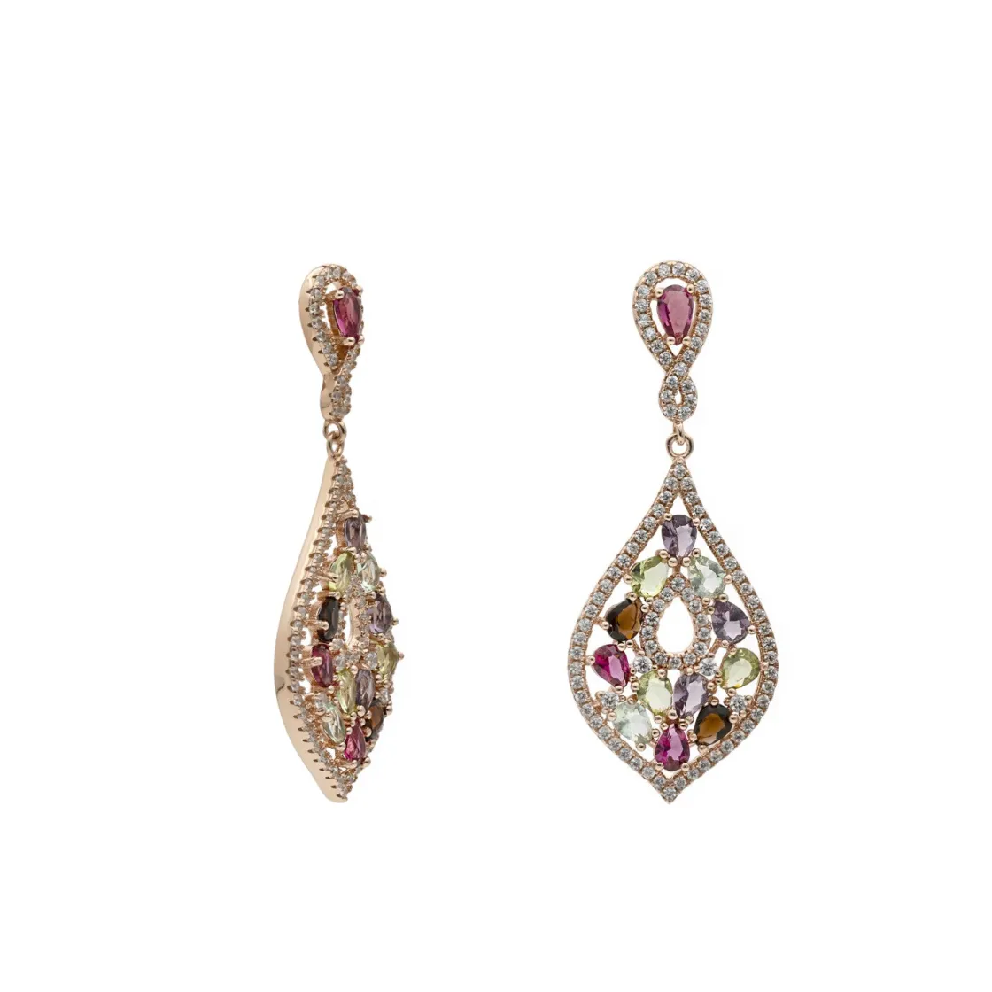 Pendientes Largos | Pendientes De Piedras De Colores | LINEARGENT Pendientes largos con piedras multicolor de plata bañada en oro rosa
