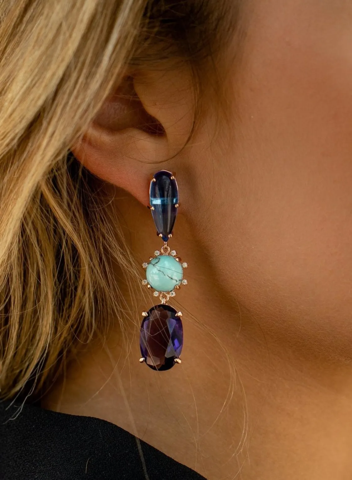Pendientes Largos | Pendientes De Piedras De Colores | LINEARGENT Pendientes largos de piedras de colores diseño cabouchon