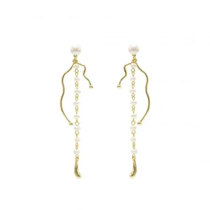 Pendientes Largos | LINEARGENT Pendientes largos de plata bañados en oro con raíl de perlas y finas lineas irregulares