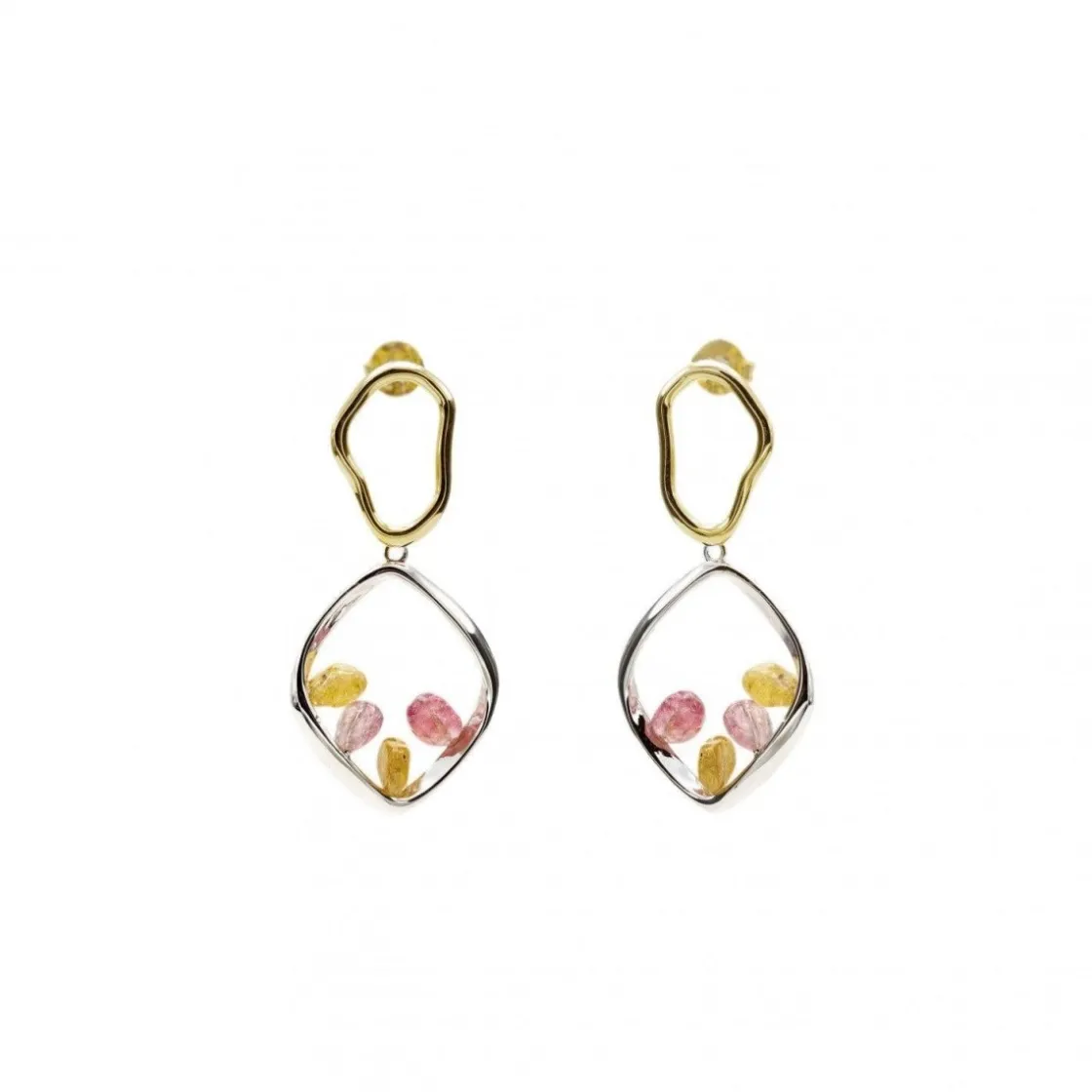 Pendientes Largos | LINEARGENT Pendientes largos de plata con piedras de colores doble rombo irregular