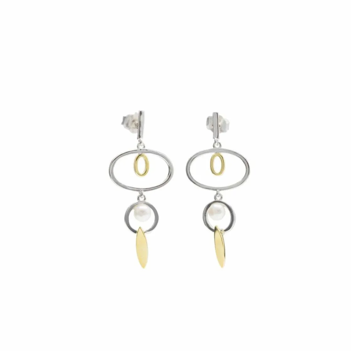 Pendientes Bicolor | Pendientes Largos | LINEARGENT Pendientes largos diseño bicolor con círculos y detalle de perla