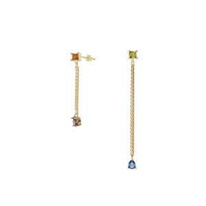 Pendientes Largos | LINEARGENT Pendientes largos diseño cadenas con gemas multicolor