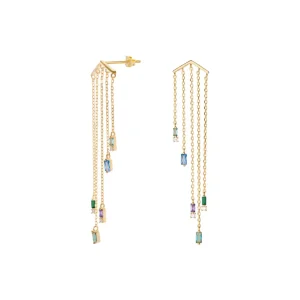 Pendientes Largos | LINEARGENT Pendientes largos diseño cinco cadenas con gemas tono azul