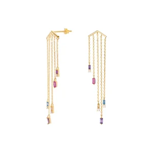 Pendientes Largos | LINEARGENT Pendientes largos diseño cinco cadenas con gemas tono rosado