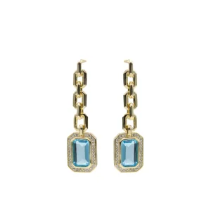 Pendientes De Piedras De Colores | LINEARGENT Pendientes largos diseño eslabones y gema tono aguamarina