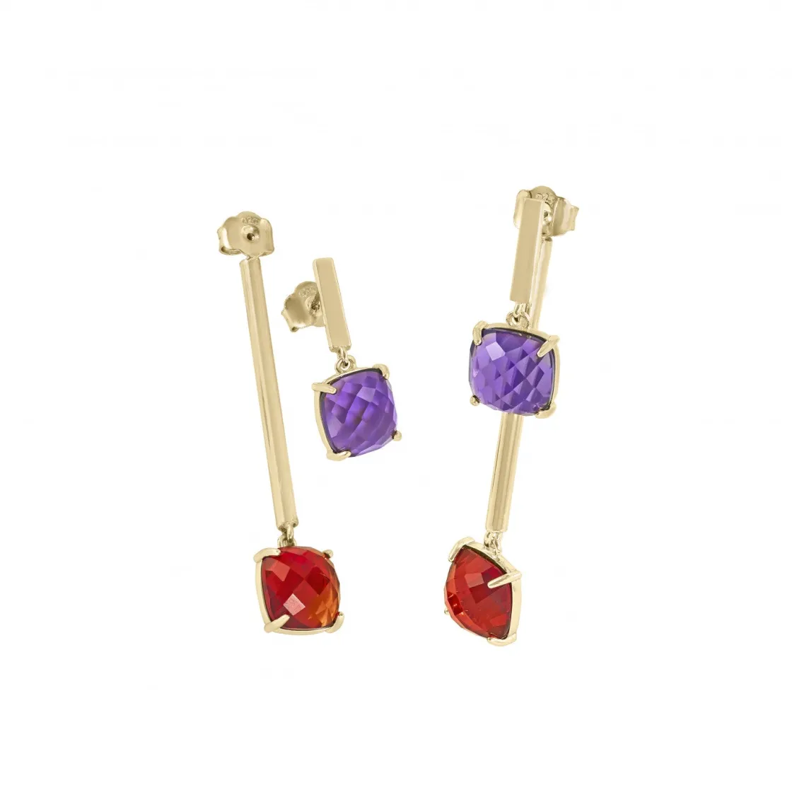 Pendientes Largos | Pendientes De Piedra Natural | LINEARGENT Pendientes largos estilo palillo con dos gemas bañados en oro