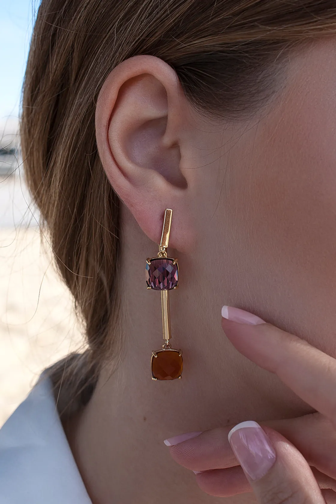 Pendientes Largos | Pendientes De Piedra Natural | LINEARGENT Pendientes largos estilo palillo con dos gemas bañados en oro