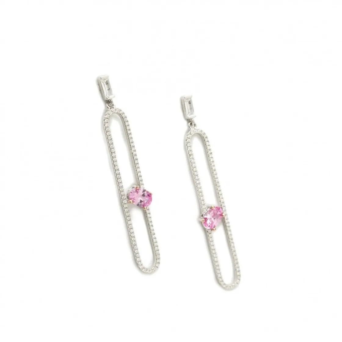 Pendientes Originales | Pendientes Largos | LINEARGENT Pendientes largos finos de plata diseño oval con gemas