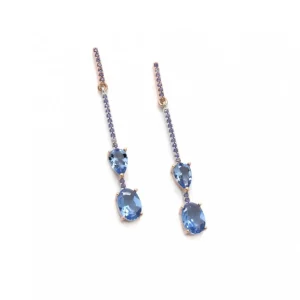 Pendientes Largos | LINEARGENT Pendientes largos finos de plata diseño palillo con motivo azul en rosa