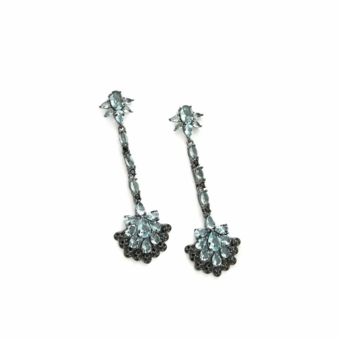 Pendientes Largos | LINEARGENT Pendientes largos finos plata en rutenio detalle en azul