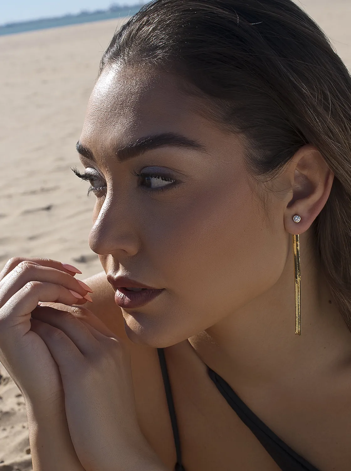 Pendientes Largos | LINEARGENT Pendientes largos plata bañada en oro diseño snake con circonita