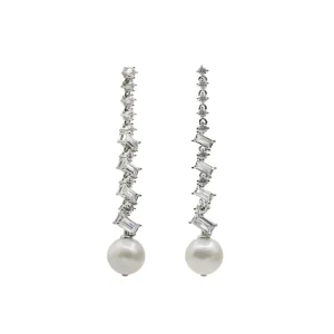 Pendientes Largos | Pendientes Perlas | LINEARGENT Pendientes novia largos con circonitas rectangulares y acabados en perla