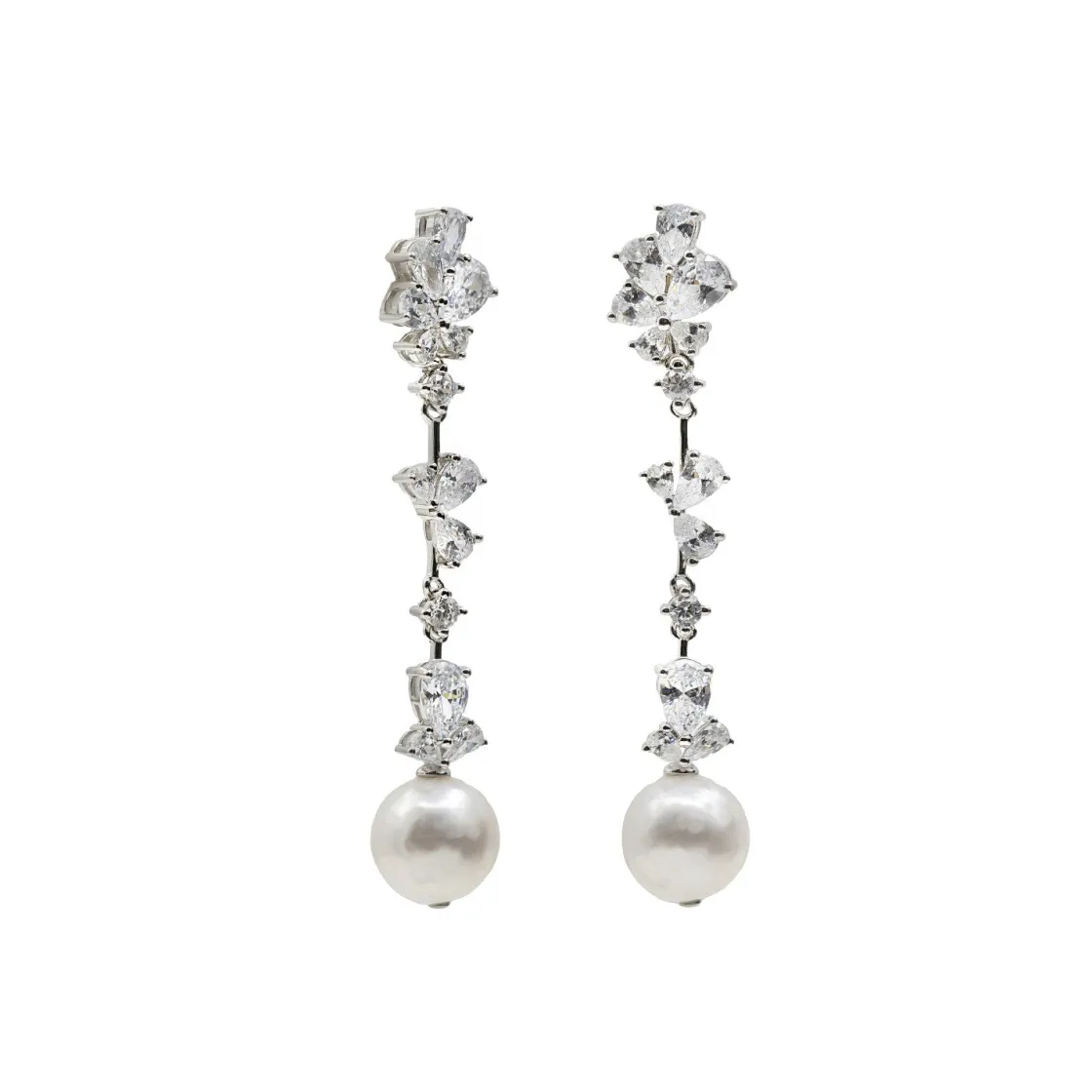 Pendientes Largos | Pendientes Perlas | LINEARGENT Pendientes novia largos con circonitas y acabada con una perla en motivos florales