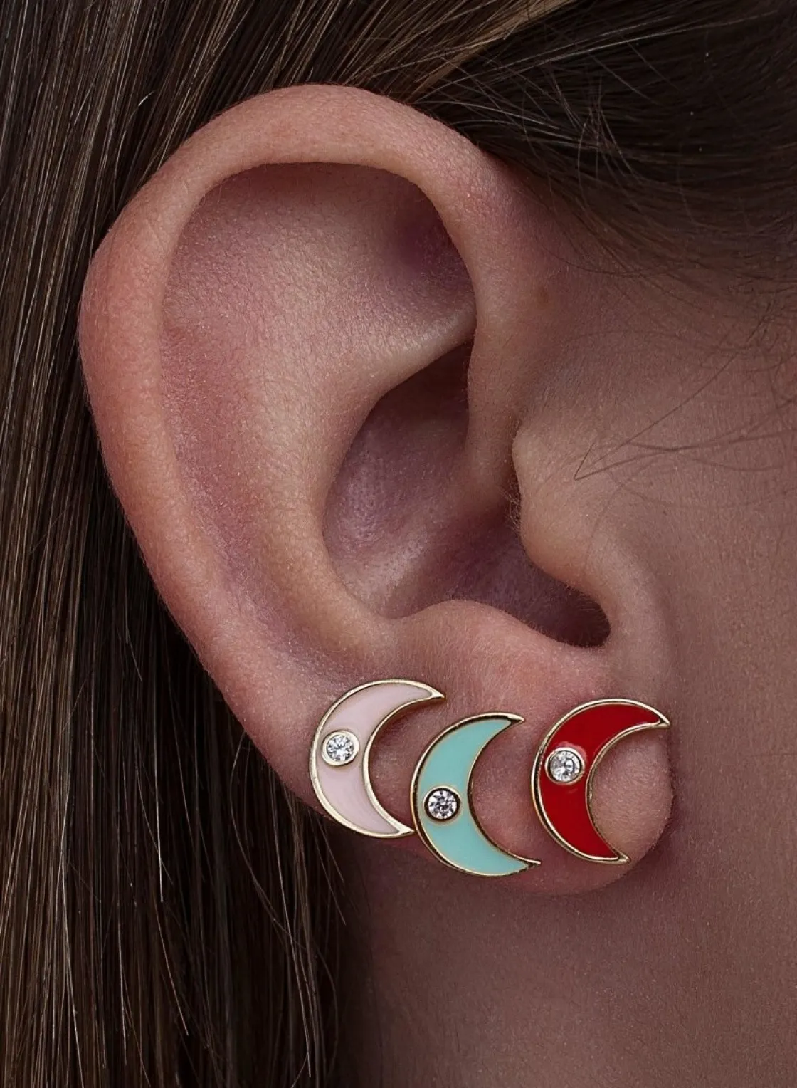 Pendientes Pequeños | LINEARGENT Pendientes pequeños en plata diseño luna esmalte menta