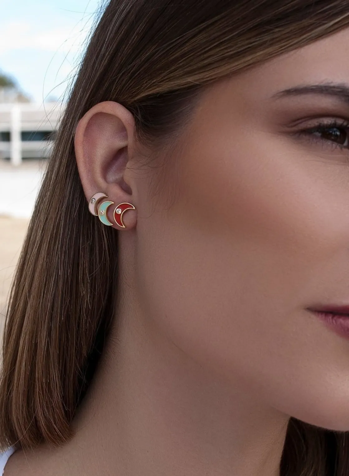 Pendientes Pequeños | LINEARGENT Pendientes pequeños en plata diseño luna esmalte menta
