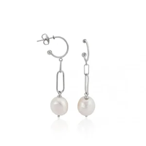 Pendientes Largos | Pendientes Perlas | LINEARGENT Pendientes perla colgante diseño eslabones irregulares
