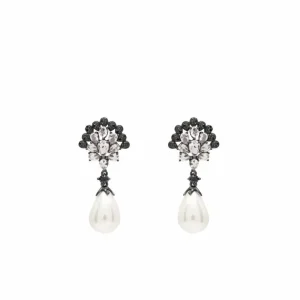Pendientes Perlas | LINEARGENT Pendientes perla colgante diseño gemas negras y rosadas