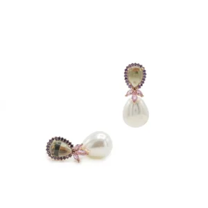 Pendientes Perlas | LINEARGENT Pendientes perla colgante diseño gota verde y pétalos rosa