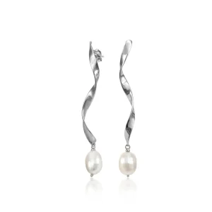 Pendientes Largos | Pendientes Perlas | LINEARGENT Pendientes perla de plata diseño curvilíneo