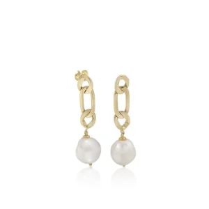 Pendientes Largos | Pendientes Perlas | LINEARGENT Pendientes perlas diseño paper clip bañados en oro