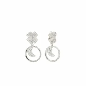 Pendientes Largos | LINEARGENT Pendientes plata y circonitas móviles con motivo de circulo y luna